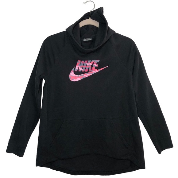 Nike Tops - Nike Pink Camo Swish High Low Kangaroo Pocket Black Sweatshirt Hoodie XL Juniors
